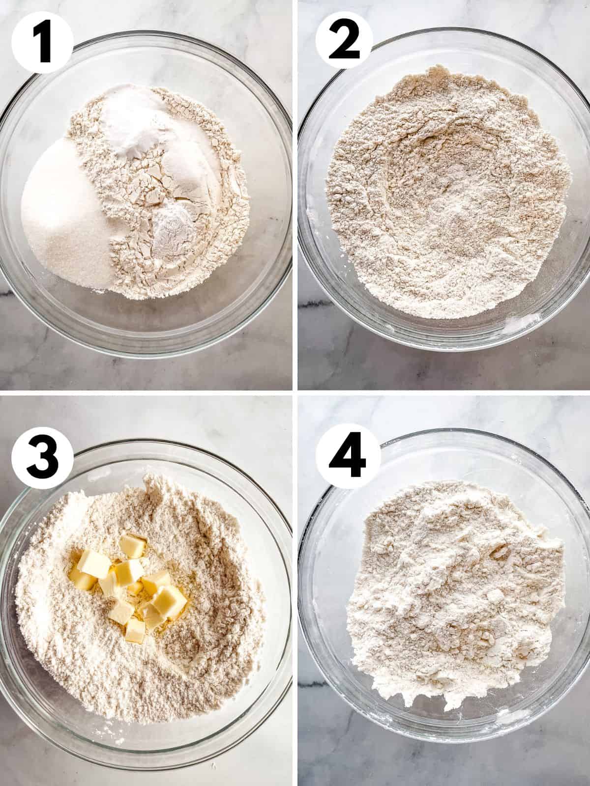 Steps for mixing gluten-free Irish Soda bread. 1. Dry ingredients. 2. Whisked dry ingredients. 3. Adding cubed butter. 4. Butter cut into gluten-free flour.