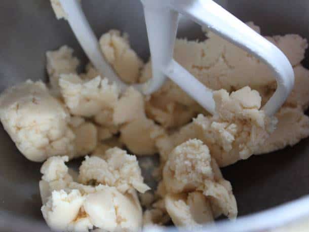 Gluten-free tart dough in stand mixer bowl.