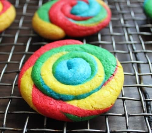 Gluten-free tie dyed cookie on wire rack.