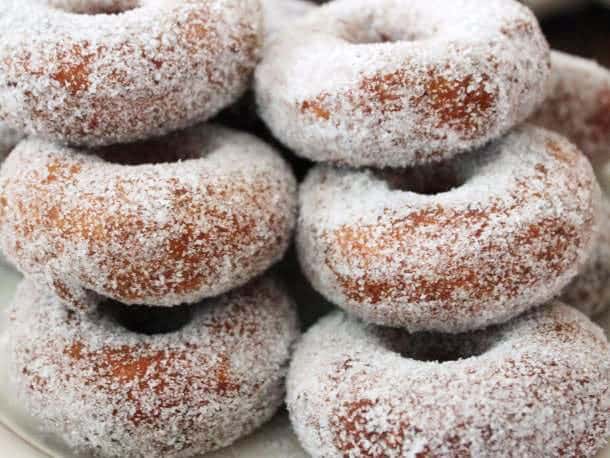 Vegan Apple Cider Doughnuts in a stack.