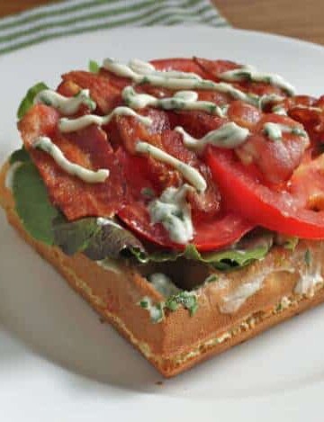 Gluten-Free Waffle BLT on a white plate.