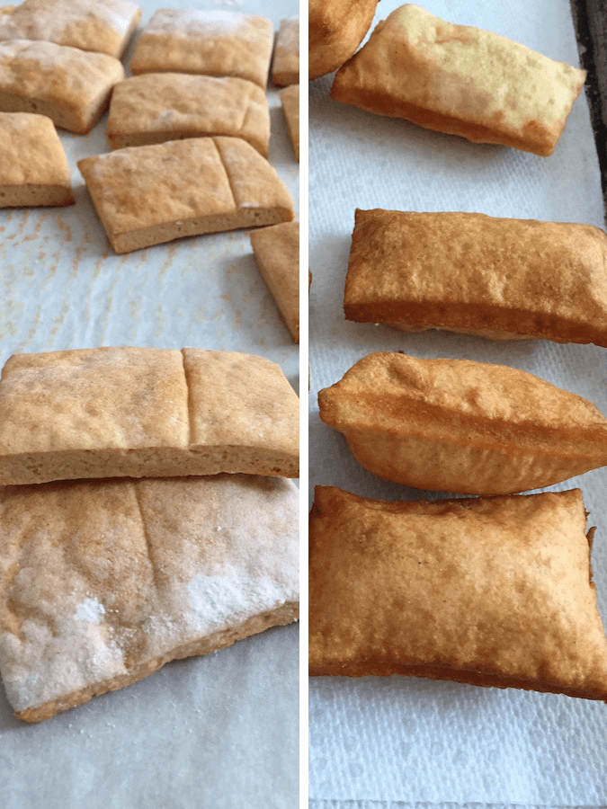 On left. A pan of flat, baked beignets. On right, a pan of puffy brown fried beignets. Both are gluten-free.